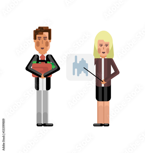 Blonde businesswoman showing financial diagram and investor holding money suitcase isolated vector illustration.