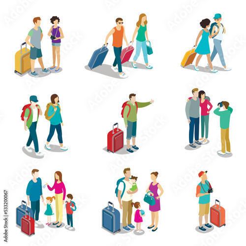 Travelling people isometric 3D icons. Family with childrens and baggage, tourist with travel bag and camera, young couple with backpacks. Active recreation, hiking and adventures vector illustration.