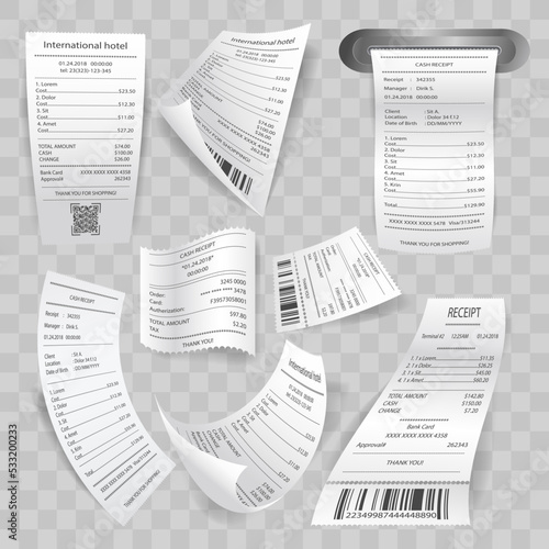 Plenty of various receipts and printed bills in set.