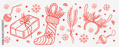 Christmas stickers. New Year Coloring. Winter mood. Christmas stocking, present, skate, and Christmas toy.