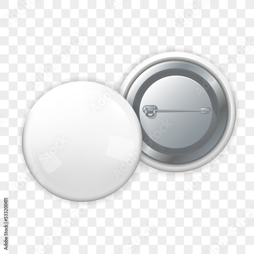 Vector illustration of empty blank badge on pin from both sides.
