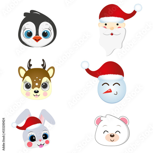 Cartoon avatar from the collection of cute wild animals  santa claus  snowman  portrait of children s characters on a white background. Template icon. Logo  sticker. New Year and Christmas.