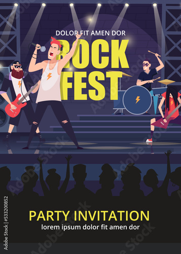 Rock party invitation. Print poster design for music rock performance flyer with musicians rock band swanky vector placard with place for text