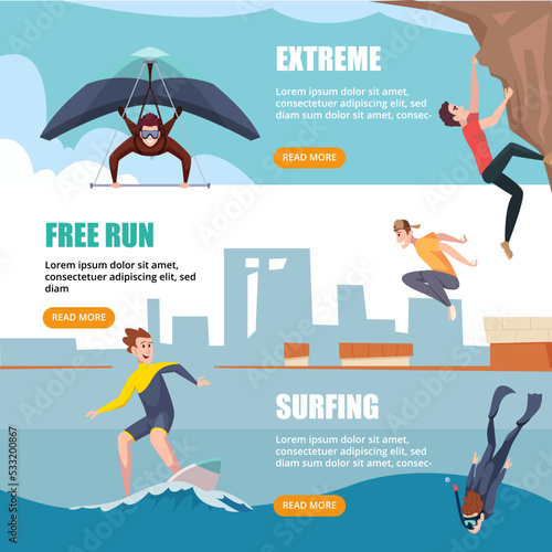 Extreme banners. Outdoor active sport travellers characters in action poses biking hiking swimming runners jumpers swanky vector templates