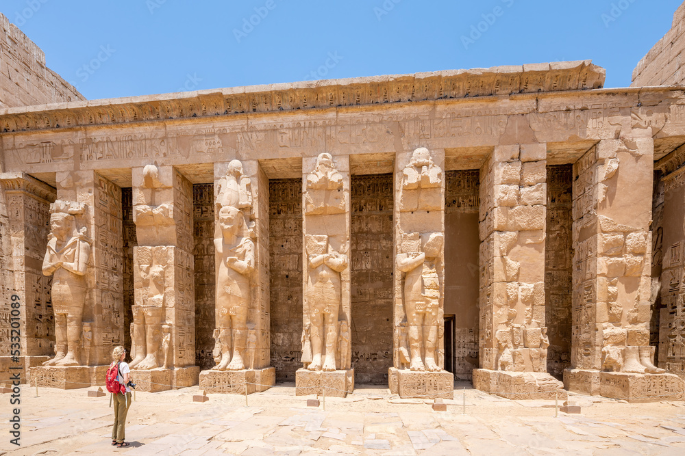 Luxor, Egypt; August 28, 2022 - Interior of the Temple of Ramesses III, Luxor, Egypt.