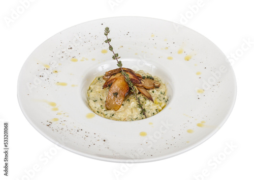 delicious risotto dish with herbs and mushrooms on white background