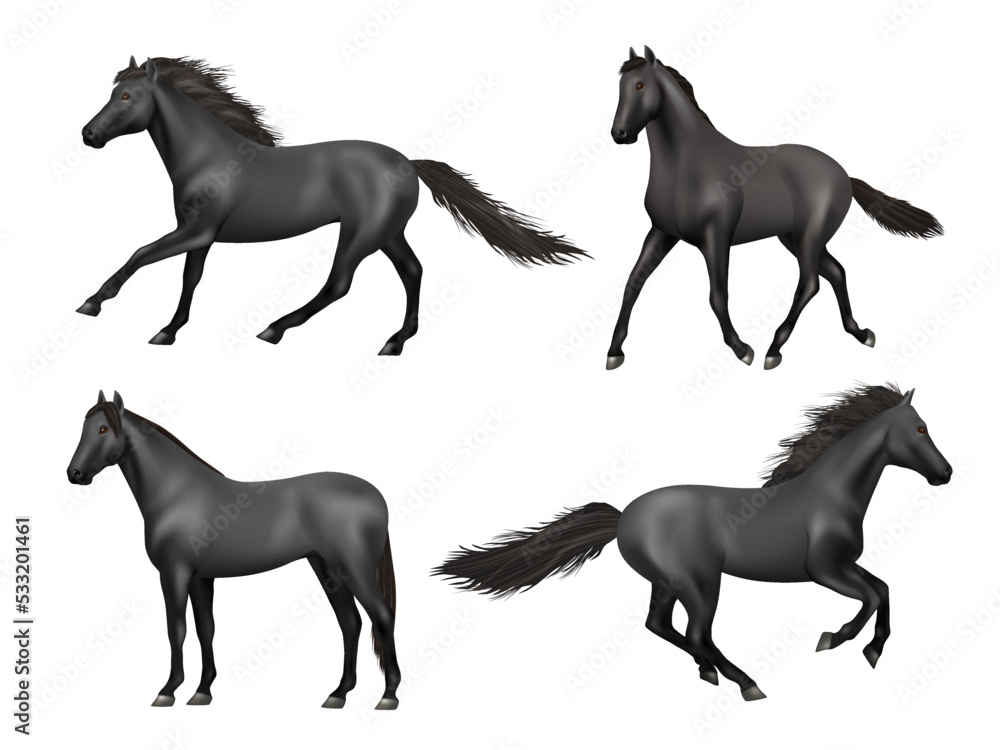 Galloping horses. Realistic running animals saddle horse beauty brown power animal decent vector illustrations Galloping horses. Realistic running animals saddle horse beauty brown power animal decent vector illustrations