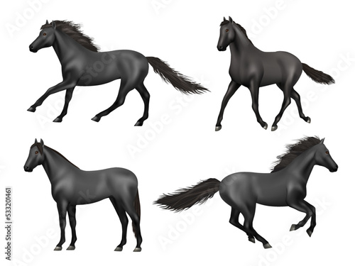 Galloping horses. Realistic running animals saddle horse beauty brown power animal decent vector illustrations