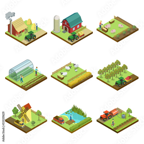 Natural farming isometric 3D elements. Agricultural machinery work in field, crop harvesting, vegetables greenhouse, pigs and sheep breeding, hay making, orchard, windmill isolated vector illustration