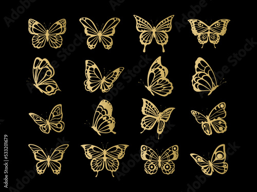 Gold wings butterfly. Golden insect bugs tatto silhouettes, queen monarch tattoos insects symbols, beautiful farfalle vector