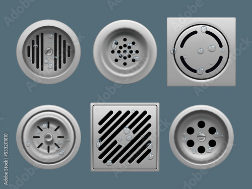 Water drains. Round metal close up form for protect sink or basin from trash decent vector drain liquids realistic templates