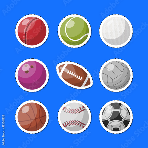Arranged iconic set with assorted balls for different sport games on blue backdrop.