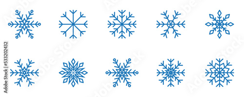 Conjunto de iconos de copos de nieve azules. Ilustración vectorial