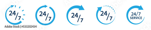 Conjunto de icono de servicio 24/7 estilo azul. Servicio de atención 24 horas. Concepto de horario de atención de un negocio. Siempre abierto. Ilustración vectorial