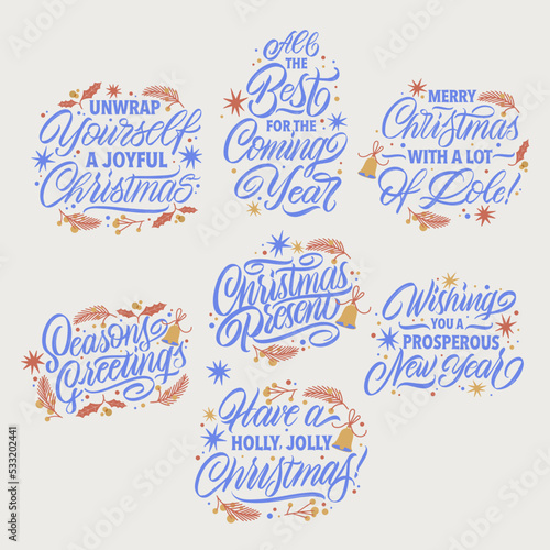 New Year and Christmas phrases. Vector set of lettering for Christmas. Design poster, greeting card, party invitation. Vector illustration.
