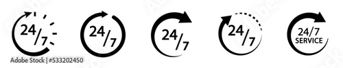 Fototapeta Naklejka Na Ścianę i Meble -  Conjunto de icono de servicio 24/7. Servicio de atención 24 horas. Concepto de horario de atención de un negocio. Siempre abierto. Ilustración vectorial