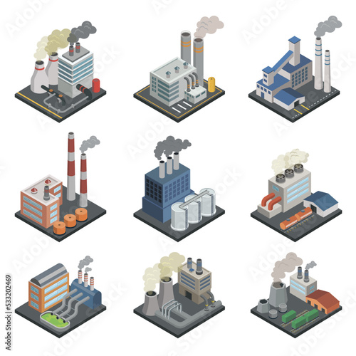 Industrial building factory, chemical plant and power stations with pipes isometric 3D elements. Heavy industry architecture, engineering and manufacturing, environmental pollution vector illustration