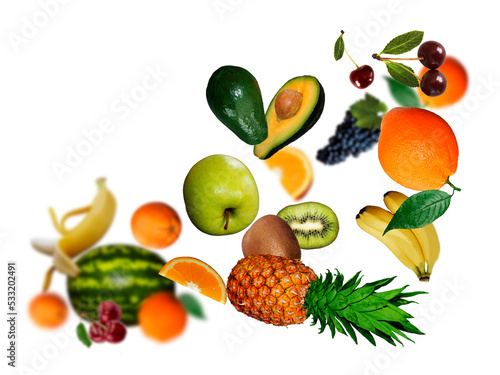 Juicy, tasty, fresh ananas, kiwi, grapes, orange. cherry, wtermelon levitate on a white background, healthy diet. Fresh fruits and vegetables