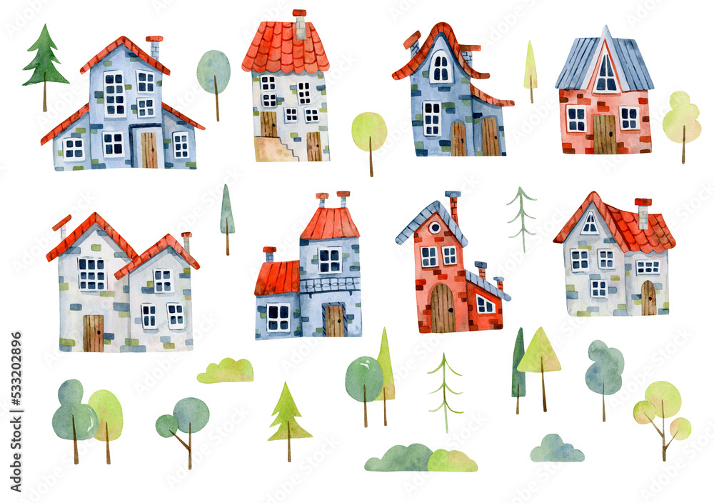 A set of colored watercolor houses with tiled roofs and trees. Simple cute watercolor brick houses