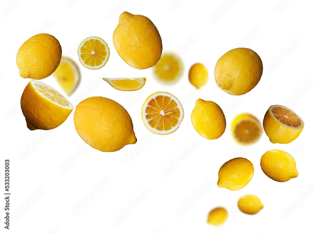 Juicy, tasty, fresh limons levitate on a white background, healthy diet. Fresh fruits and vegetables.