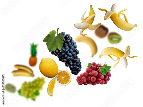 Fototapeta Naklejka Na Ścianę i Meble -  Juicy, tasty, fresh limons, apple, kiwi, grape levitate on a white background, healthy diet. Fresh fruits and vegetables