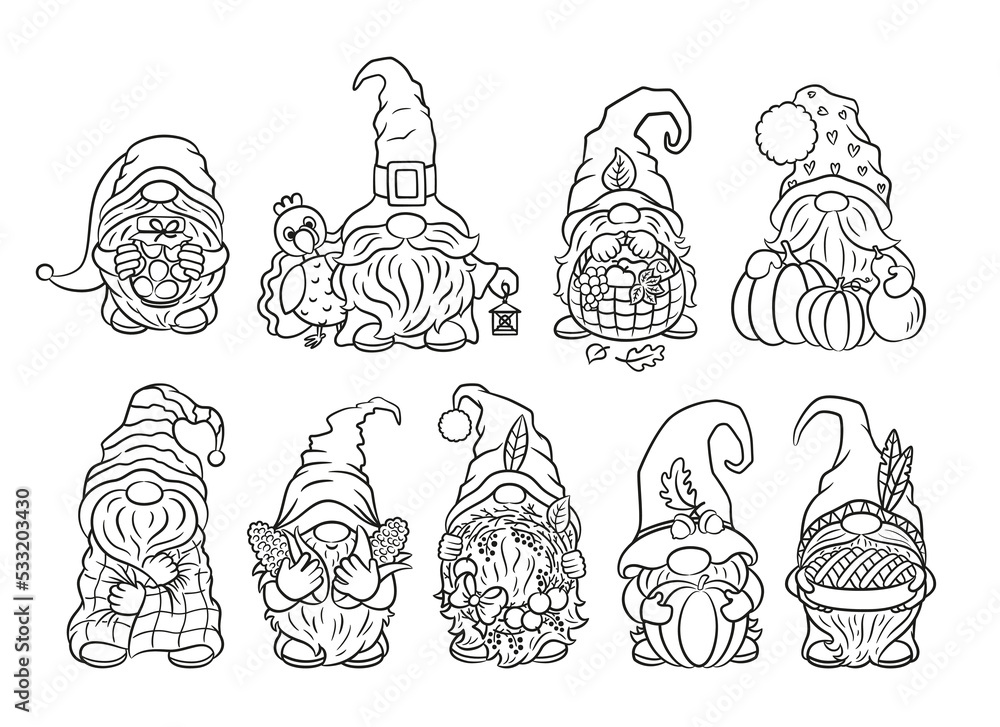 Cute nordic gnome autumn thanksgiving coloring book. Baby children