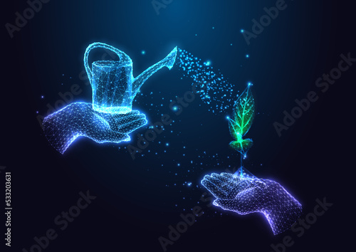 Coaching, psychotherapy, personal growth concept. Futuristic hands holding watering can and plant
