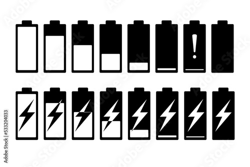 Battery icons set. Battery charging charge indicator icon. level battery energy. Alkaline battery capacity charge icon. Flat style - stock vector