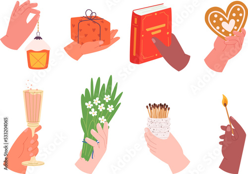 Human hands holding different things. Hand hold cookies, fire and glass of sparkling wine. Holiday gift, book and floral bouquet in arm, vector set
