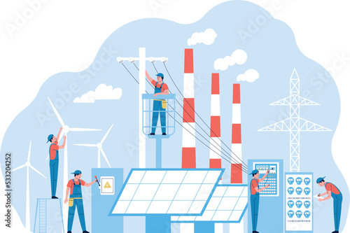Team electricity energy maintenance, technician engineer working with solar panels and power objects. Generate energy equipment, recent service man vector characters