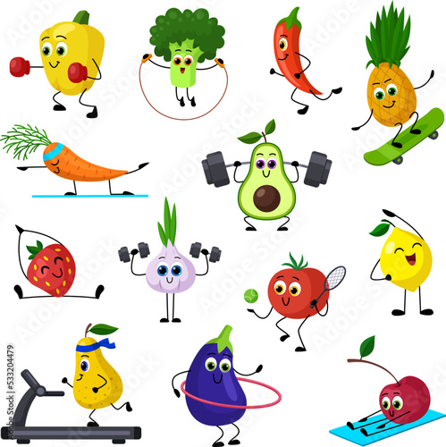 Fruits vegetables sport, funny fitness pepper. Isolated cartoon banana, yoga cherry strawberry and carrot. Avocado workout, garish healthy food exercises vector set