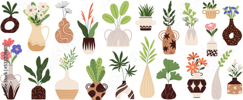 Floral bouquets in vases. Tropical leaves, blooming flowers and herbs. Trendy style organic branches in ceramic jugs. Spring autumn racy herbarium vector set