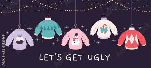 Ugly sweater christmas party banner with garlands. Sweaters holiday funny, ornamental pullovers and jumper. Winter festive clothes racy vector background photo