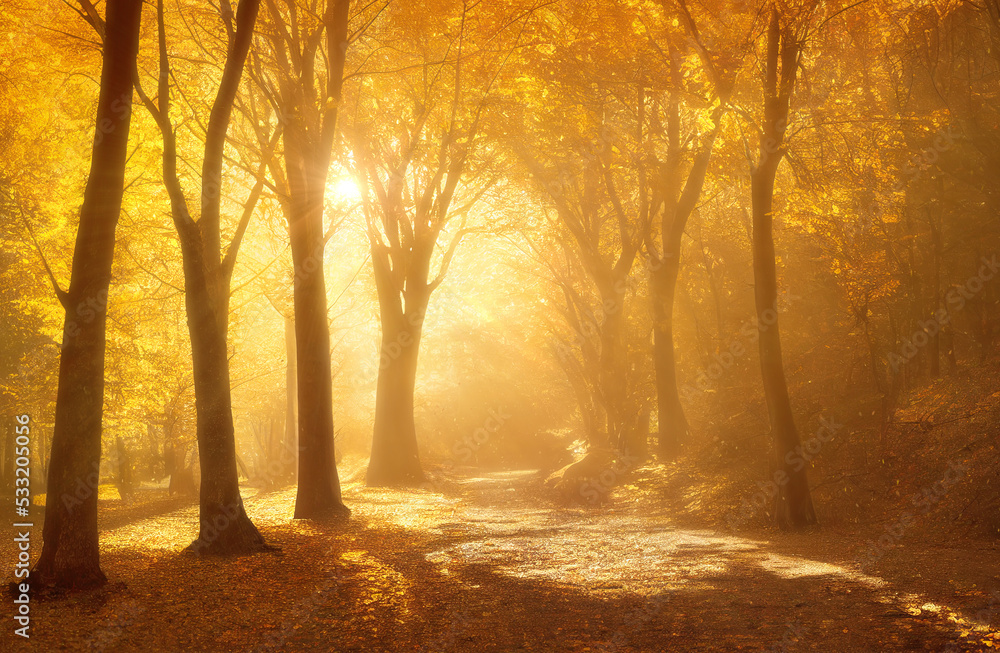 Warm mist in autumn forest, tree silhuettes, shining sun through golden tree branches. Generative AI illustration