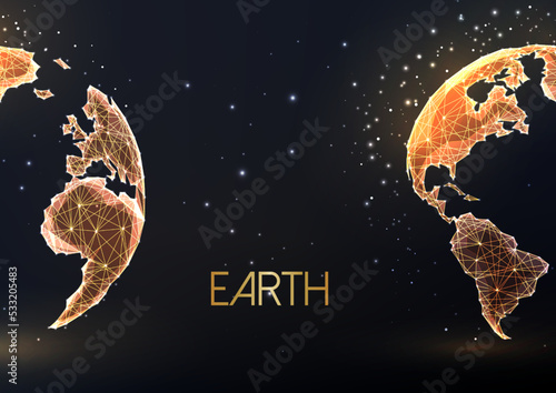 Gold planet Earth globe map, east and west hemispheres on black background. Globalization concept