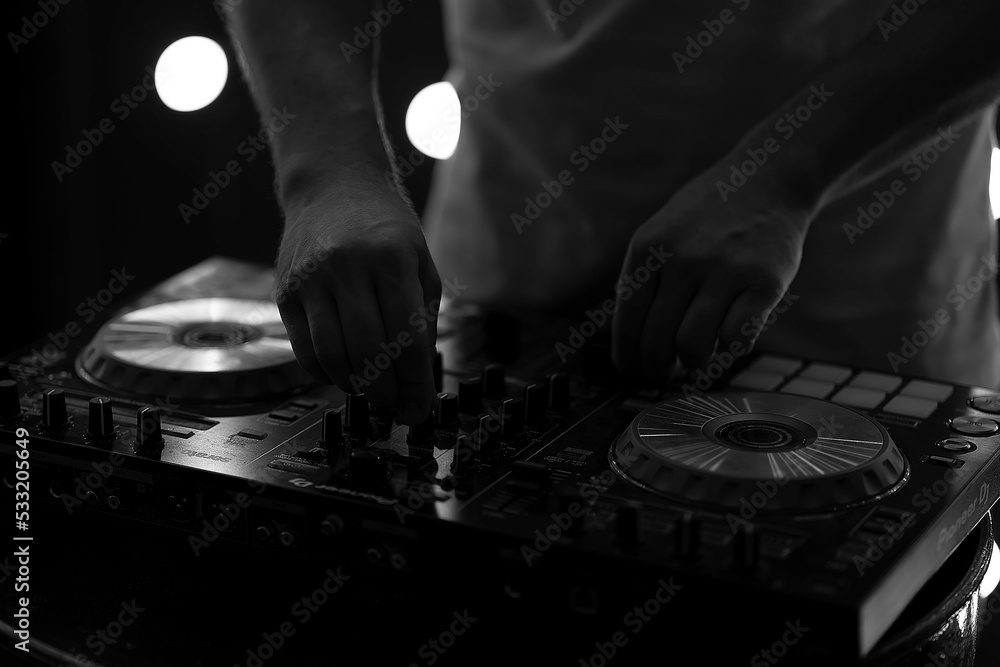 Music equipment in a dark club close-up