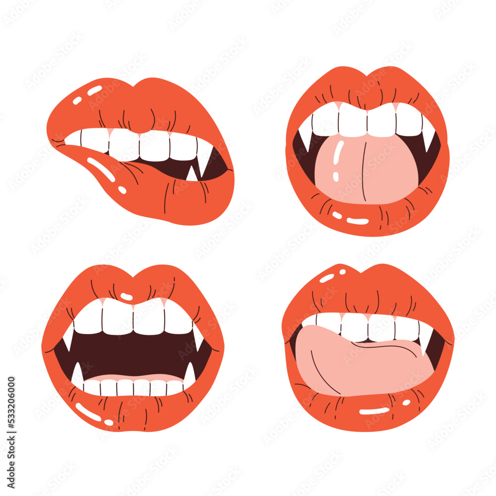 Set of vampire's lips with fangs. A woman's mouth with bright red lips and long, sharp teeth. Vampire aesthetic collection. Vector illustration in cartoon style. Isolated white background Set of vampire's lips with fangs. A woman's mouth with bright red lips and long, sharp teeth. Vampire aesthetic collection. Vector illustration in cartoon style. Isolated white background