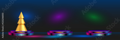 Christmas tree on the podium, neon glow Design element, fluorescent lighting, background for your design, vector.