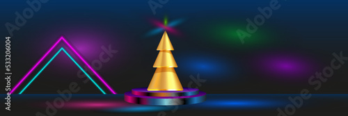 Christmas tree on the podium, neon glow Design element, fluorescent lighting, background for your design, vector.