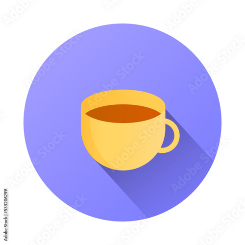 Cup of coffee flat icon in blue circle on white background with long shadow. Vector orange cup illustration. Modern trendy minimalistic flat style logo. For menu  store  cafe  food.