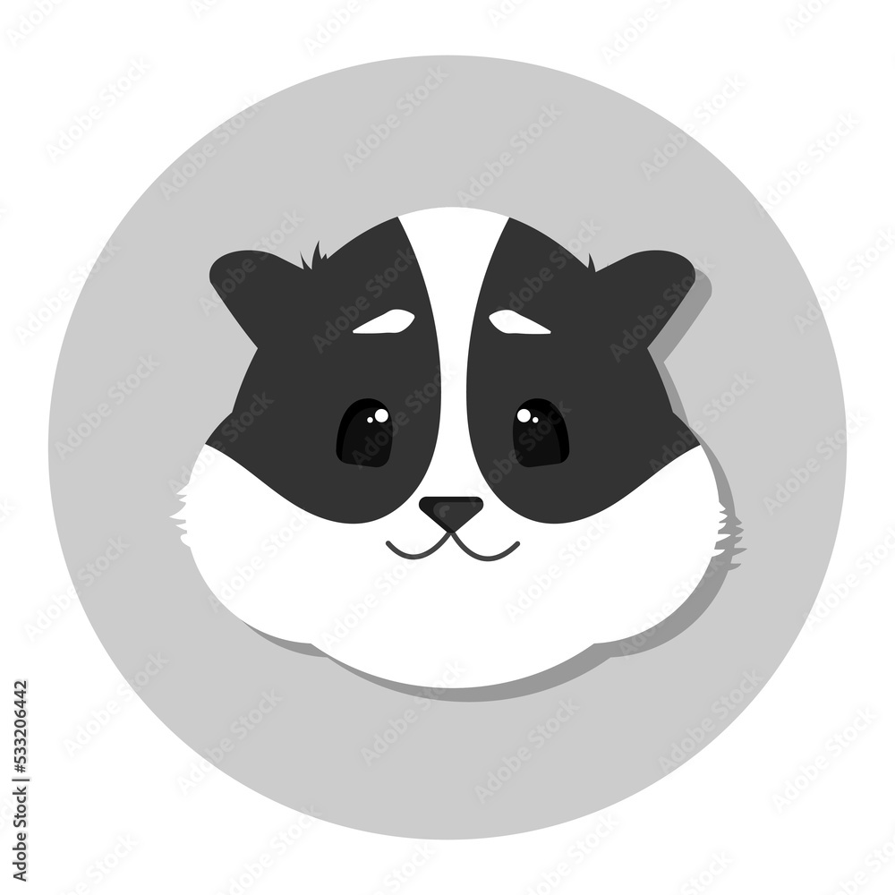 Cute smiling cartoon black and white hamster head icon in circle. Vector illustration in flat style, animal logo design