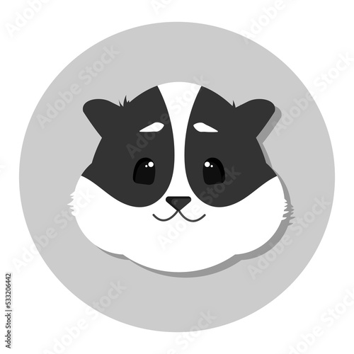 Cute smiling cartoon black and white hamster head icon in circle. Vector illustration in flat style, animal logo design