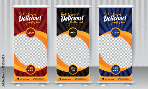 Restaurant fresh and delicious healthy food x stand rollup pullup retractable signage banner design vector template