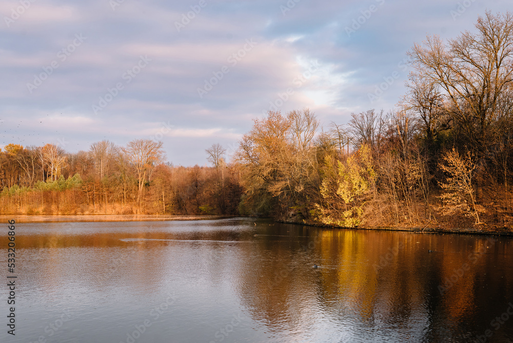 Lake in autumn park. Autumn landscape in the park. Sunny weather. Fall season.