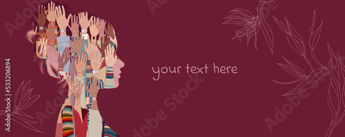 Woman silhouette in profile with inside group hands up of women of diverse culture. Women s community. Anti-racism racial equality concept. Allyship and sisterhood. Feminism. Women s day