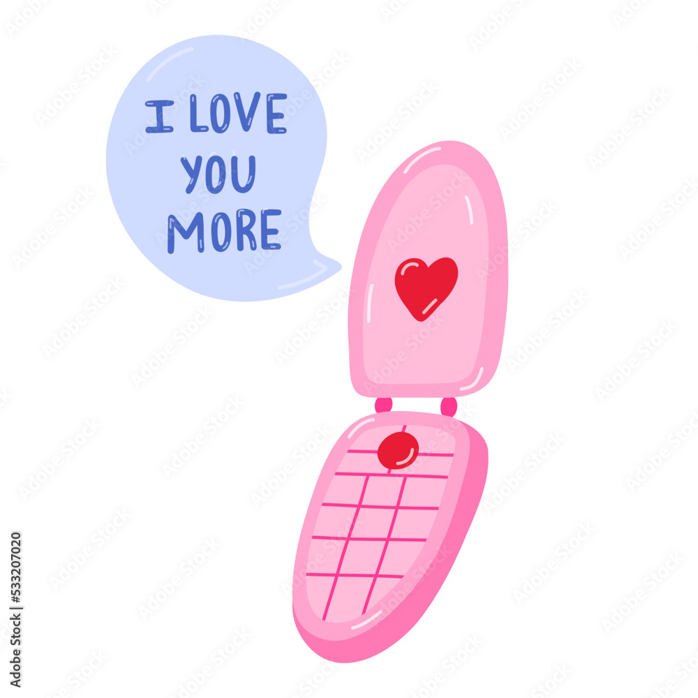 Retro telephone clipart with message bubble with lettering I love you more. Valentine's day concept. Prefect for sticker, social media, posters, greeting card. Hand drawn isolated vector illustration Retro telephone clipart with message bubble with lettering I love you more. Valentine's day concept. Prefect for sticker, social media, posters, greeting card. Hand drawn isolated vector illustration