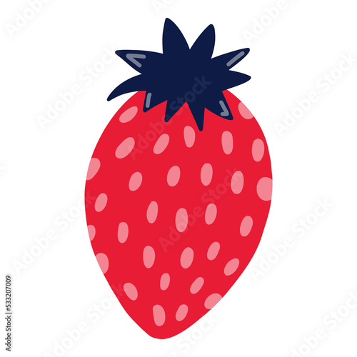 Cute vector hand drawn strawberry isolated on background. Green nature. Vegetarian and vegan food. Sweet summer seasonal fruit. Whole berry with leaves and seed. For stickers, meny restaurants, design