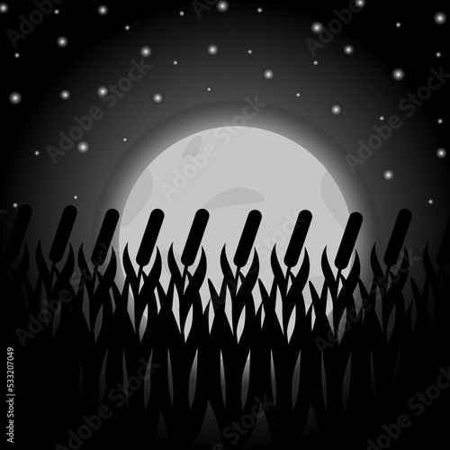 A night landscape with thickets of reeds, a large moon and bright stars in a dark sky. The moon with craters glows over the reed field.