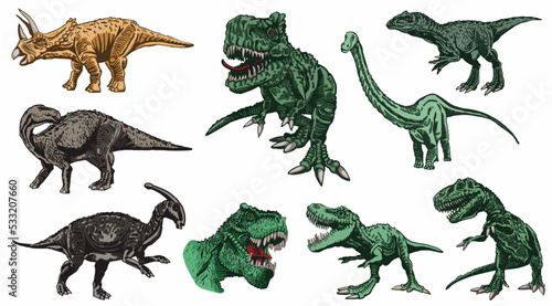 Fototapeta Naklejka Na Ścianę i Meble -  Vector set of color dinosaurs isolated on white background, dino collection