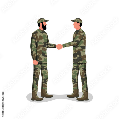Soldier handshake. Two people in camouflage uniforms conclude a contract. Truce and agreement. Symbol of successful negotiations. Partnership, meeting. Vector illustration flat design.